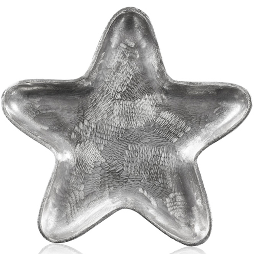 Dekoschale aus Aluminium in Form eines rustikalen Sterns – Silber, 36x36x2,5 cm