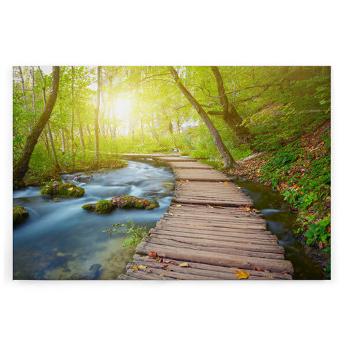 Leinwandbild Natur - Holzsteg im Wald (Blau & Braun) | 90 x 60 cm | Wandbild