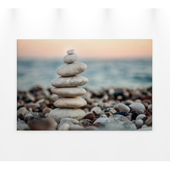 Leinwandbild StoneBeach1 - Strand und Meer in Grau und Blau, 90x60 cm | Wandbild für Wellness-Ambiente
