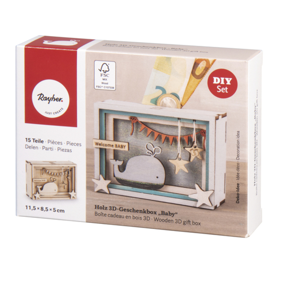 FSC Mix Credit 3D-Geschenkbox aus Holz für Babys - 15-teilig - 11,5 x 8,5 x 5 cm - Natur - Box 1 Set